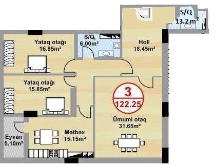 Xırdalan şəhərinin Xırdalan Residence yaşayış kompleksində 122.25 m2 sahəsi olan 3-otaqlılar mənzillərin planlaşdırılması