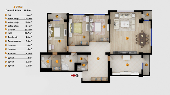 Планировка 4-комнатные квартиры, 213 m2 в Prestij Park, в г. Баку
