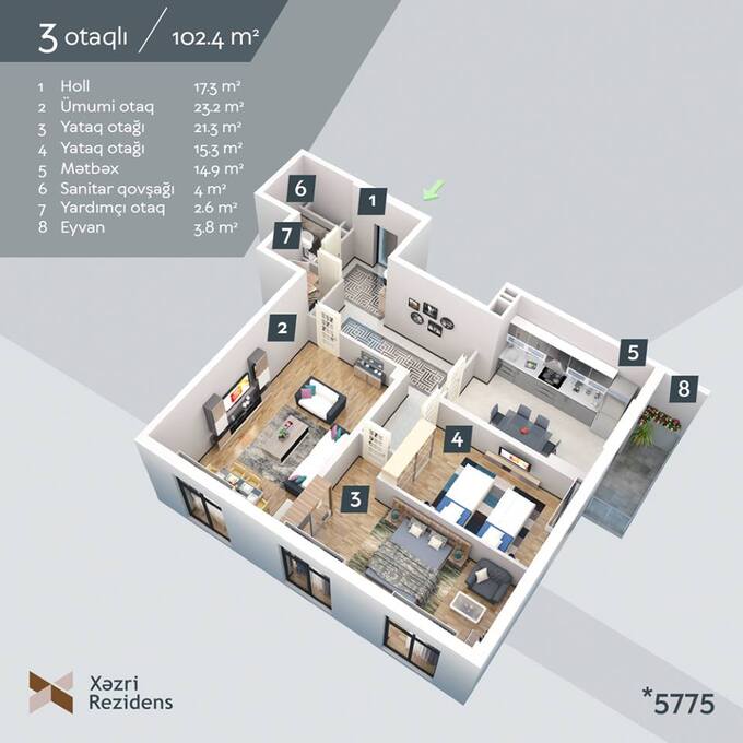 Планировка 3-комнатные квартиры, 102.4 m2 в Xəzri Residence, в г. Сумгаита
