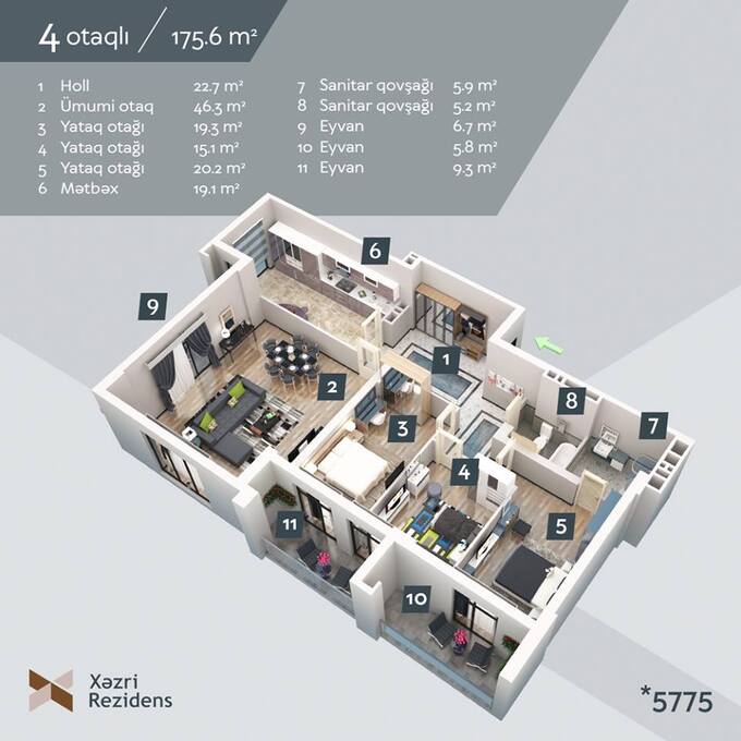 Планировка 4-комнатные квартиры, 175.6 m2 в Xəzri Residence, в г. Сумгаита