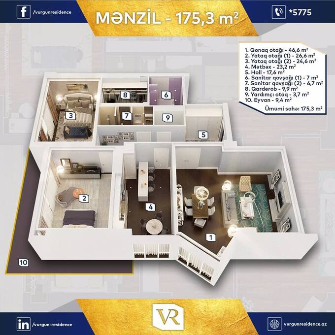 Планировка 4-комнатные квартиры, 175.3 m2 в Vurğun Residence, в г. Баку
