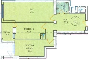 Планировка 2-комнатные квартиры, 89.6 m2 в Zardabi Residence, в г. Баку