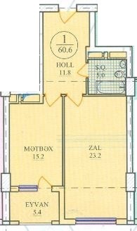 Планировка 1-комнатные квартиры, 60.6 m2 в Zardabi Residence, в г. Баку