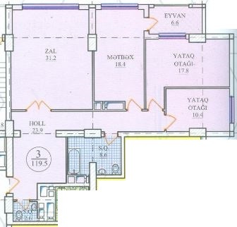 Планировка 3-комнатные квартиры, 119.5 m2 в Zardabi Residence, в г. Баку