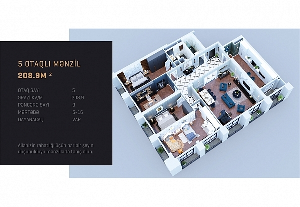 Планировка 5-комнатные квартиры, 208.9 m2 в Kristal Towers, в г. Баку