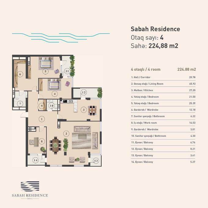 Bakıda şəhərinin Sabah Residence yaşayış kompleksində 224.88 m2 sahəsi olan 4-otaqlı mənzillərin planlaşdırılması