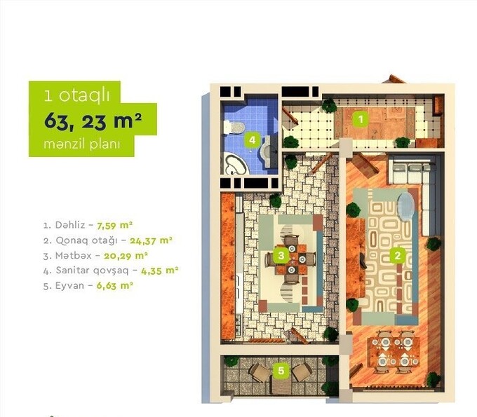 Masazır şəhərinin Park Masazır yaşayış kompleksində 63.23 m2 sahəsi olan 1-otaqlılar mənzillərin planlaşdırılması