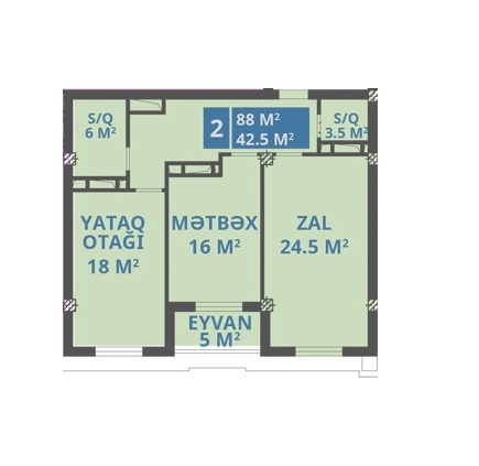 Планировка 2-комнатные квартиры, 88 m2 в Capital City, в г. Баку