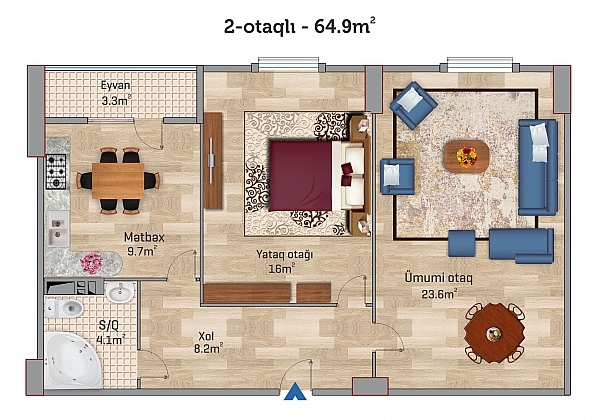 Планировка 2-комнатные квартиры, 64.9 m2 в Sahil Park 2, в г. Сумгаита