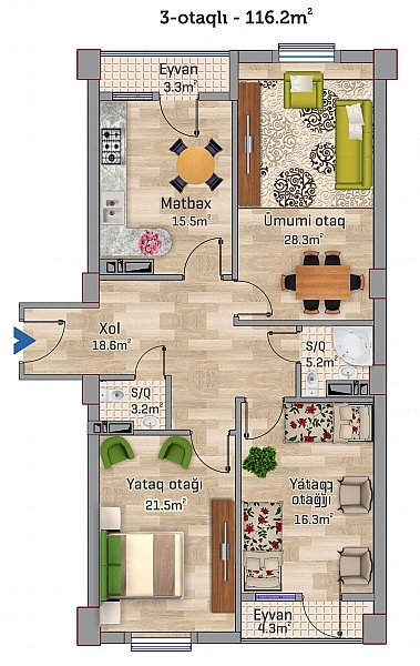 Планировка 3-комнатные квартиры, 116.2 m2 в Sahil Park 2, в г. Сумгаита