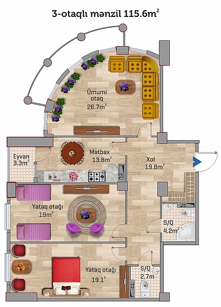Планировка 3-комнатные квартиры, 115.6 m2 в Sahil Park 2, в г. Сумгаита