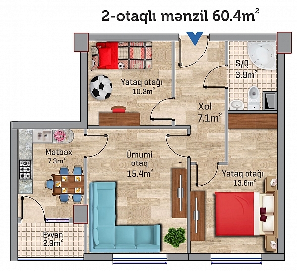 Планировка 2-комнатные квартиры, 60.4 m2 в Sahil Park 2, в г. Сумгаита