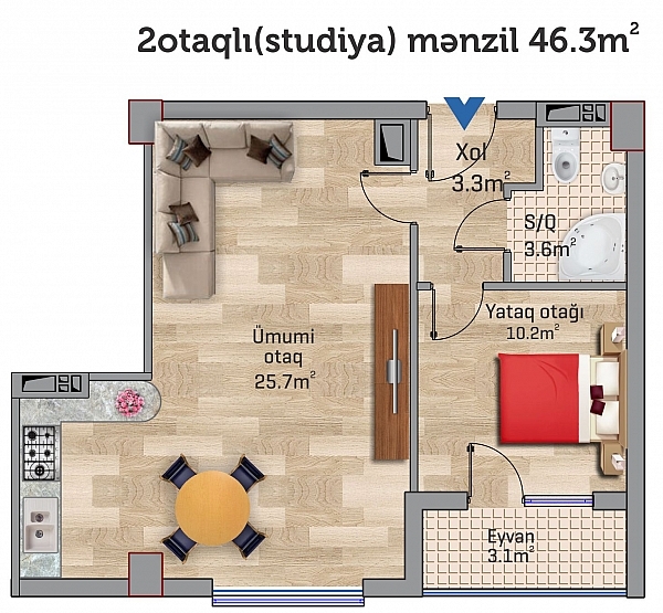 Планировка 2-комнатные квартиры, 46.3 m2 в Sahil Park 2, в г. Сумгаита