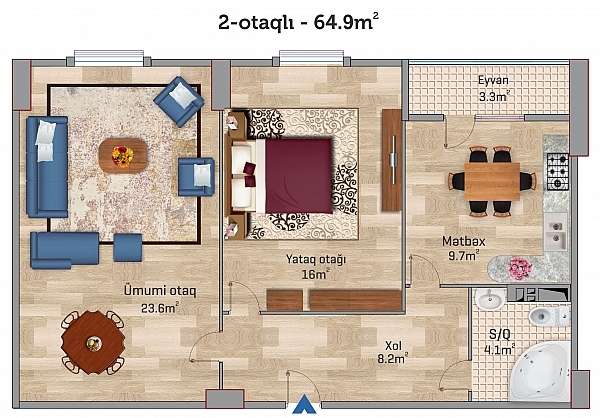 Sumqayıt şəhərinin Sahil Park 2 yaşayış kompleksində 64.9 m2 sahəsi olan 2-otaqlılar mənzillərin planlaşdırılması