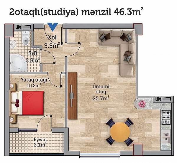 Планировка 2-комнатные квартиры, 46.3 m2 в Sahil Park 2, в г. Сумгаита