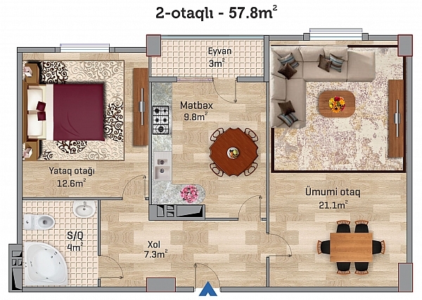 Планировка 2-комнатные квартиры, 57.8 m2 в Sahil Park 2, в г. Сумгаита