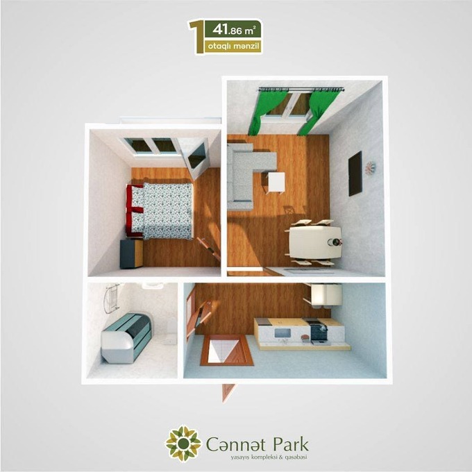 Планировка 1-комнатные квартиры, 41.8 m2 в Cənnət Park, в г. Хырдалана
