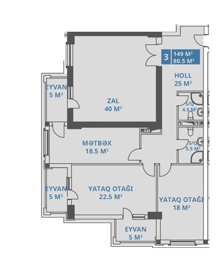 Планировка 3-комнатные квартиры, 149 m2 в Capital City, в г. Баку