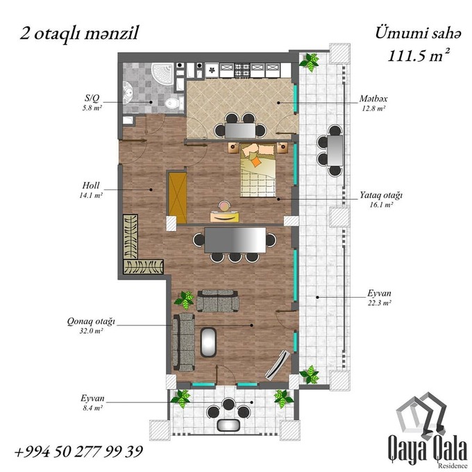 Планировка 2-комнатные квартиры, 111.5 m2 в Qaya Qala Residence, в г. Баку
