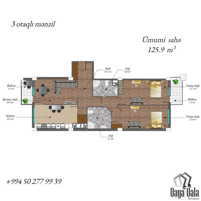 Планировка 3-комнатные квартиры, 125.9 m2 в Qaya Qala Residence, в г. Баку