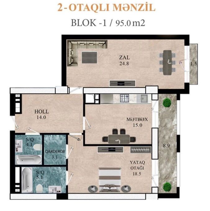 Планировка 2-комнатные квартиры, 95 m2 в 28 Residence, в г. Баку