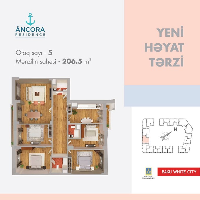 Bakı şəhərinin Ancora Residence yaşayış kompleksində 206.5 m2 sahəsi olan 5-otaqlılar mənzillərin planlaşdırılması
