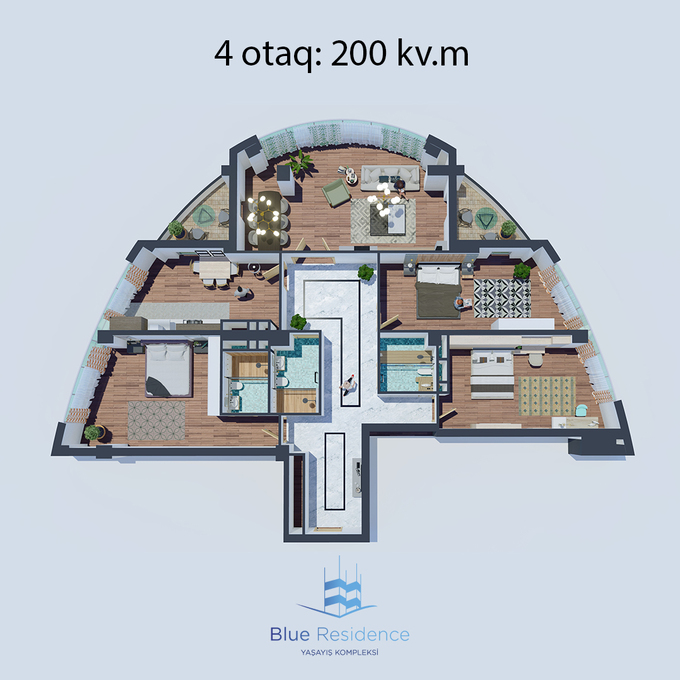 Bakı şəhərinin Blue Residence yaşayış kompleksində 200 m2 sahəsi olan 4-otaqlılar mənzillərin planlaşdırılması