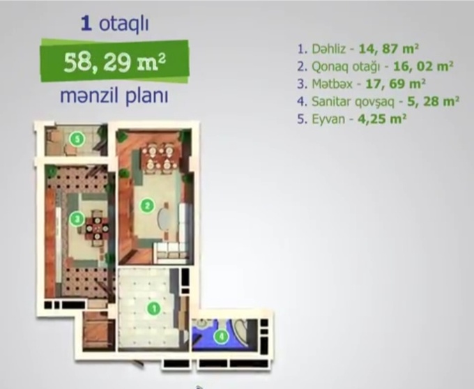 Masazır şəhərinin Park Masazır yaşayış kompleksində 58.29 m2 sahəsi olan 1-otaqlılar mənzillərin planlaşdırılması