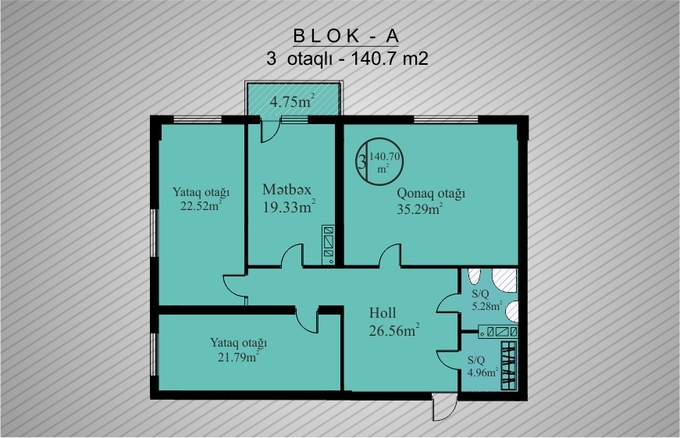 Планировка 3-комнатные квартиры, 140.7 m2 в Akhmedli Residence, в г. Баку