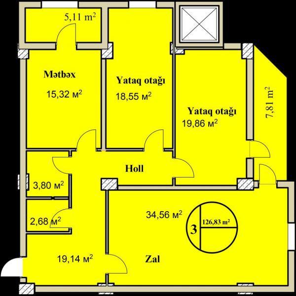 Планировка 3-комнатные квартиры, 126.83 m2 в Rahatlığın Məkanı, в г. Баку