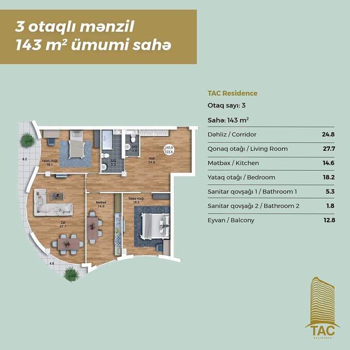 Bakı şəhərinin TAC Residence yaşayış kompleksində 143 m2 sahəsi olan 3-otaqlılar mənzillərin planlaşdırılması