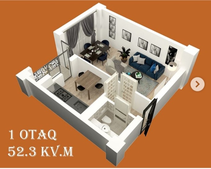 Bakı şəhərinin Khatai Light yaşayış kompleksində 52.3 m2 sahəsi olan 1-otaqlılar mənzillərin planlaşdırılması