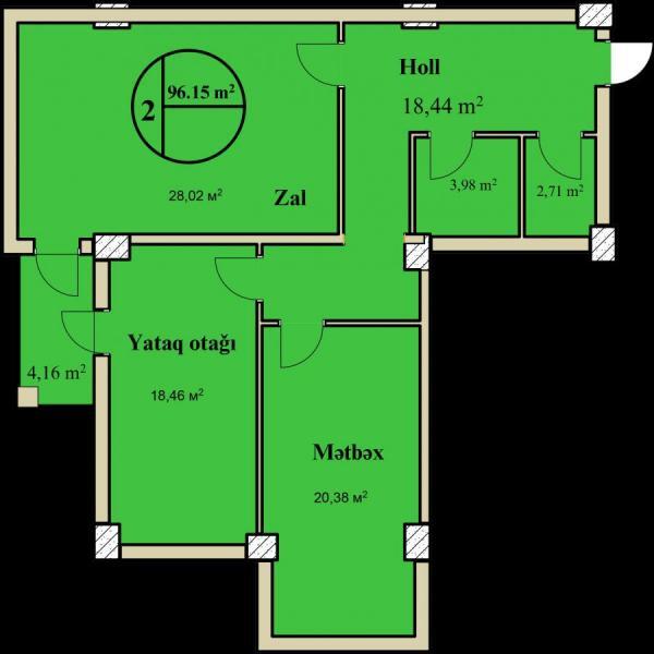 Планировка 2-комнатные квартиры, 96.15 m2 в Rahatlığın Məkanı, в г. Баку