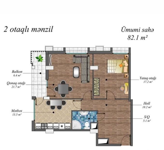 Планировка 2-комнатные квартиры, 82.1 m2 в Qaya Qala Residence, в г. Баку