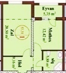 Bakı şəhərinin Qara Qarayev 3 yaşayış kompleksində 55.31 m2 sahəsi olan 1-otaqlılar mənzillərin planlaşdırılması