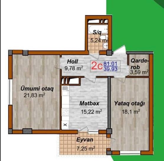 Планировка 2-комнатные квартиры, 81.01 m2 в ЖК Eko Park Xırdalan, в г. Хырдалана