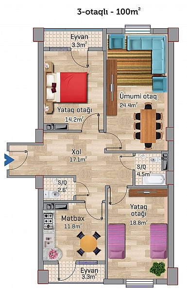 Планировка 3-комнатные квартиры, 100 m2 в Sahil Park 2, в г. Сумгаита