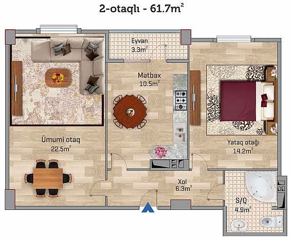 Планировка 2-комнатные квартиры, 61.7 m2 в Sahil Park 2, в г. Сумгаита