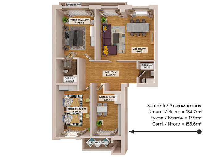 Bakı şəhərinin Park Avenue Residence yaşayış kompleksində 155.6 m2 sahəsi olan 3-otaqlılar mənzillərin planlaşdırılması