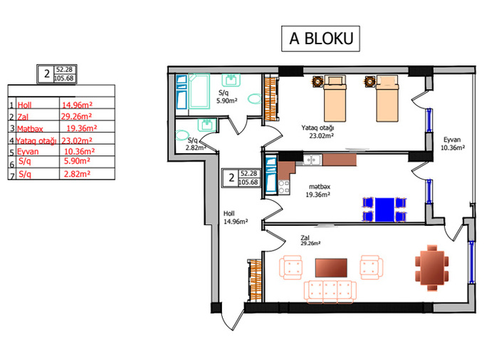 Планировка 2-комнатные квартиры, 105.68 m2 в Eviniz Tikilsin 2, в г. Баку