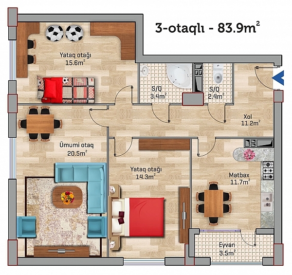 Планировка 3-комнатные квартиры, 83.9 m2 в Park Yasamal, в г. Баку
