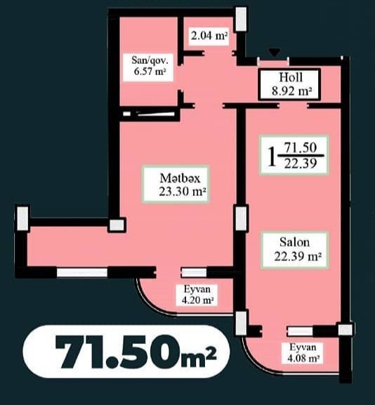 Планировка 1-комнатные квартиры, 71.5 m2 в Jasmine Park, в г. Баку