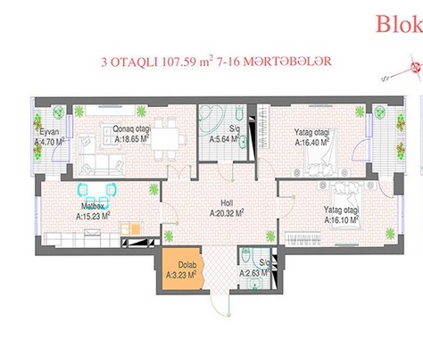 Планировка 3-комнатные квартиры, 107.59 m2 в ЖК Komfort, в г. Баку