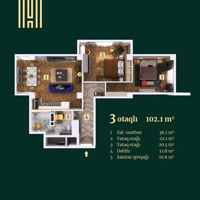 Планировка 3-комнатные квартиры, 102.1 m2 в Hillside Residence, в г. Баку