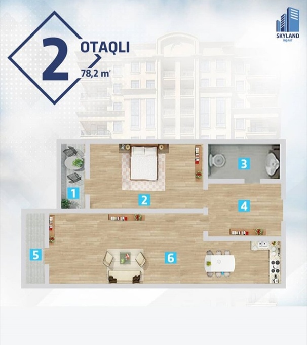Планировка 2-комнатные квартиры, 78.2 m2 в Skyland Baku, в г. Баку