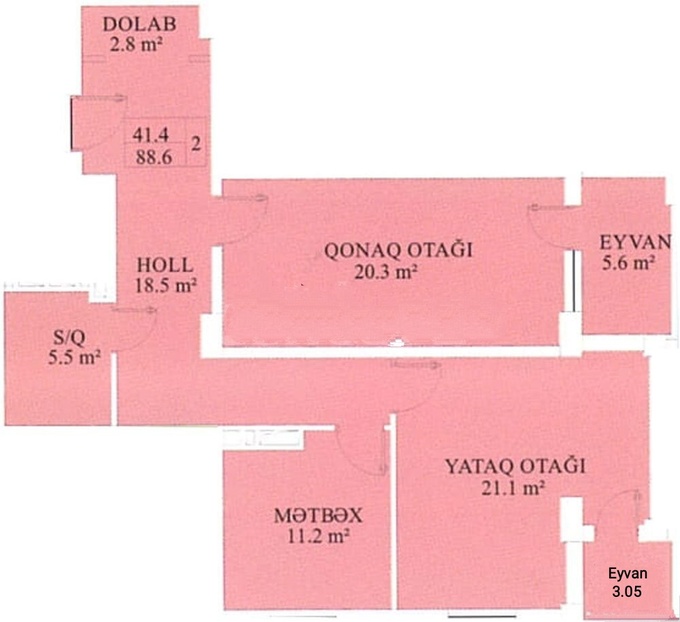 Планировка 2-комнатные квартиры, 88.6 m2 в ЖК Masazır, в г. Масазыра
