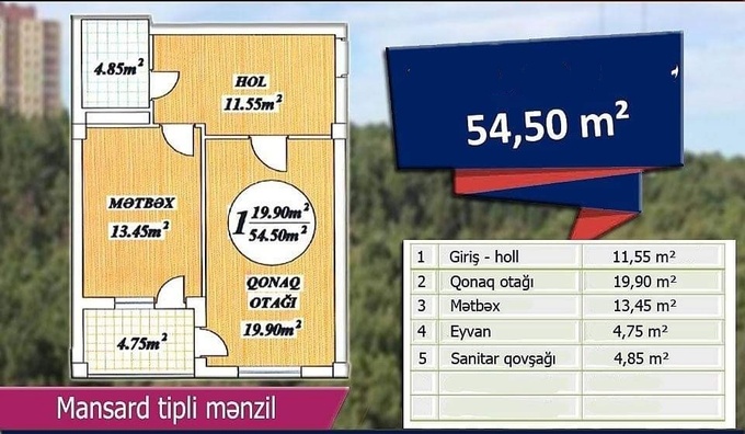 Планировка 1-комнатные квартиры, 54.5 m2 в Sumqayıt City Park Bulvar, в г. Сумгаита