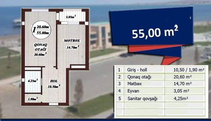 Планировка 1-комнатные квартиры, 55 m2 в Sumqayıt City Park Bulvar, в г. Сумгаита