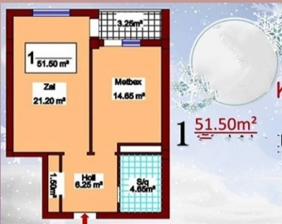 Планировка 1-комнатные квартиры, 51.5 m2 в Binəqədi Residence, в г. Хырдалана