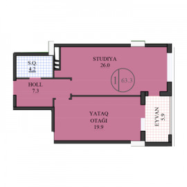 Планировка 1-комнатные квартиры, 63.3 m2 в Pilot Hayat Residence, в г. Баку